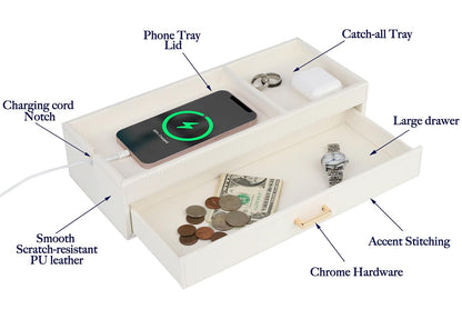 HofferRuffer Valet Jewelry Tray Organizer with Drawer, Faux Leather Storage Catchall Box Phone Charging Station Tray with Dresser Nightstand Desktop Drawer Organizer (White)