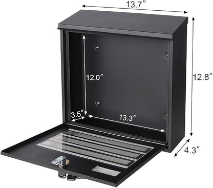 Locking Mailbox Wall Mounted Vertical mailboxes with Key Lock Large Capacity Steel Cover Metal Postbox for House Home Outside,Key Lock Drop Box with Galvanized Cover,13.6 x 12.8 x 4.3Inch