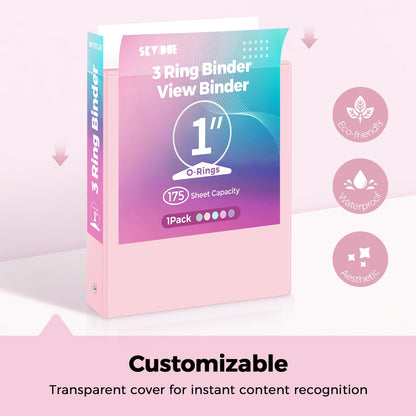 SKYDUE 1 Inch 3 Ring Binder with 8 Tab Dividers & 24 Labels, Pastel Binder Organizer for Letter Size Paper, Aesthetic School Binder for Notes, Documents, Office & Home Organization, Pink