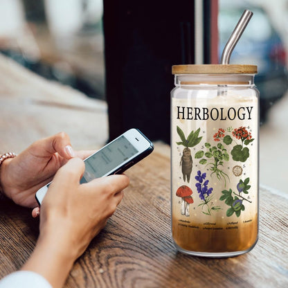 Enanaimg Herbology Witch Glass Cup Christmas Gift for Plant Lover 16 oz Glass Cup with Lids and Straws, Witch Gifts, Cute Magical Plants Botanical Iced Coffee Cups, Witchy Gift for Women, Friends
