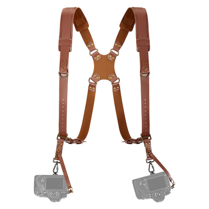 Jumyee Double Camera Harness Strap for 2 Cameras, Adjustable Shoulder Leather Camera Strap for Photographers, Professional Camera Harness for DSLR/SLR for Wedding, Wild, News(Brown Stitched)