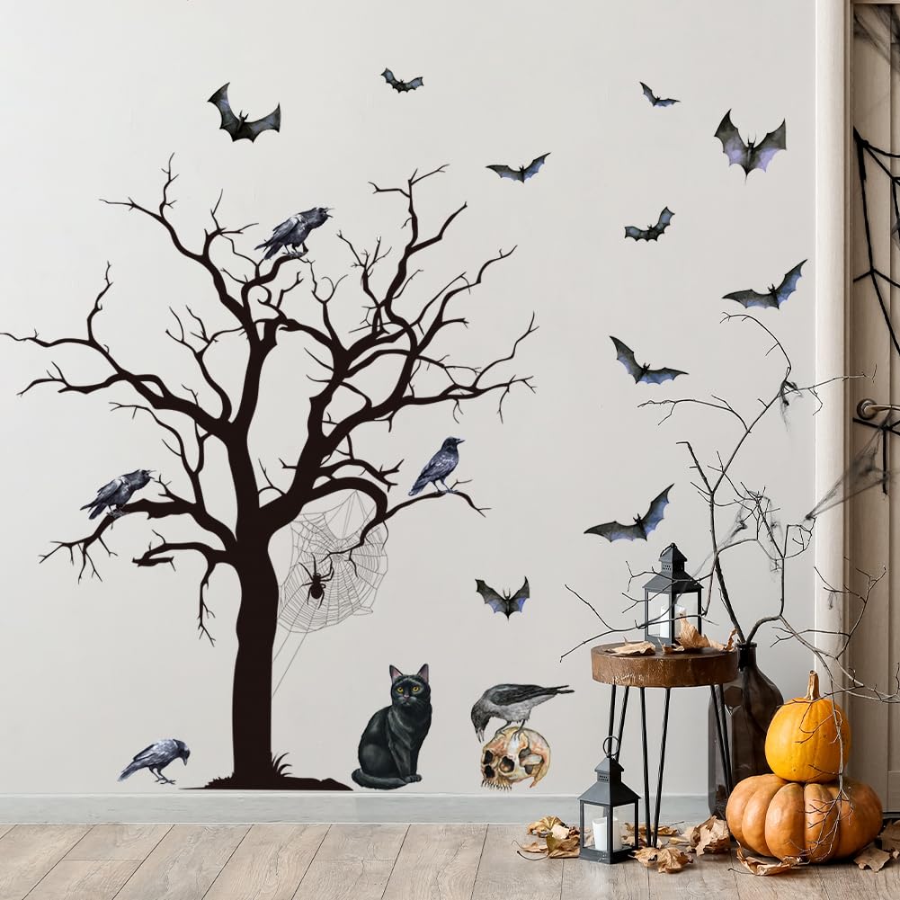Halloween Horror Tree Wall Decals Scary Gothic Black Crow Bat Cat Wall Stickers Halloween Wallpaper Peel and Stick Removable Wall Art Decal for Bedroom Living Room