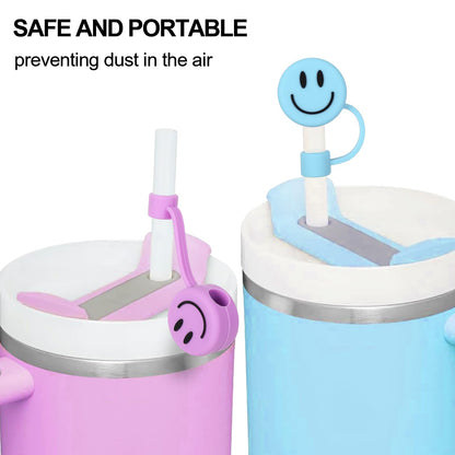 Whaline 6 Pcs Groovy Smile Face Straw Covers 0.4 Inch Silicone Reusable Round Straw Topper Double Sided Pattern Straws Tip Covers for 30 & 40 Oz Tumbler with Handle