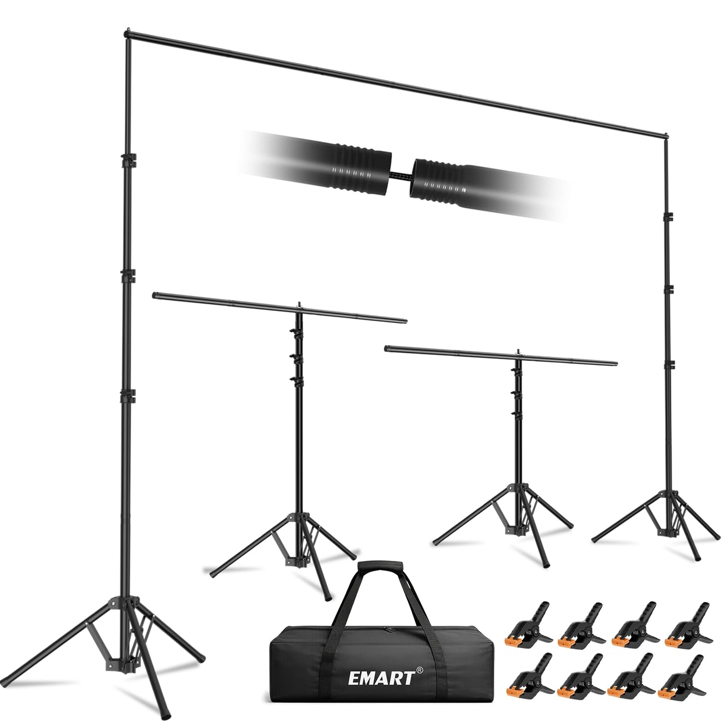 EMART 3-in-1 Backdrop Stand Kit 10x8.5 ft for Photography Studio, T-Shape Banner Back Drop Stand for Party, Wedding, Dectoration, Background Stand for Photo Video Studio with Carry Bag, 8 Clamps