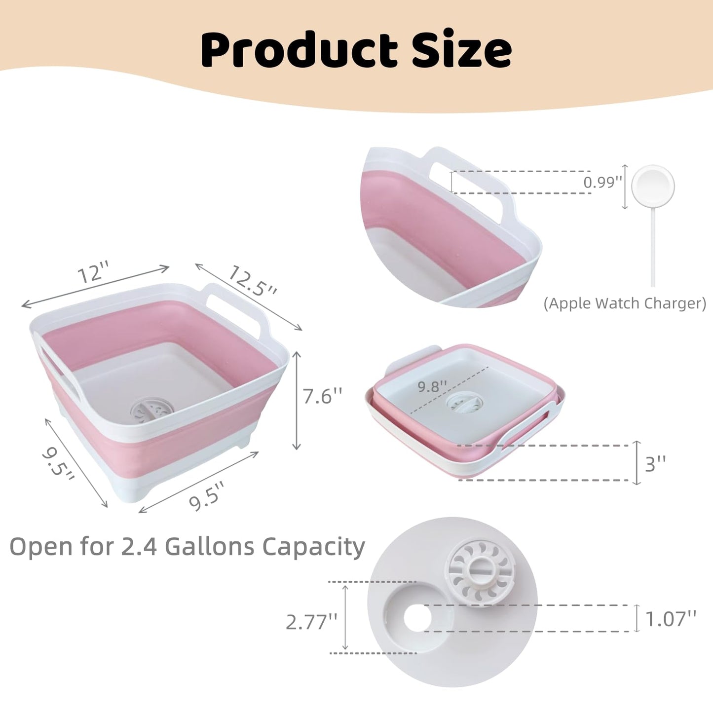 Collapsible Wash Basin for Baby Bottles - 2.4 Gallons Portable Wash Bin for RV Camping Sink, Space-Saving Dish Tub (Gray)