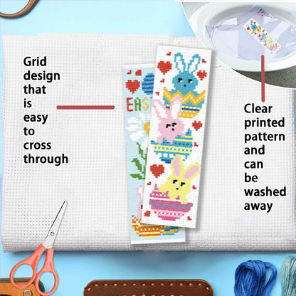 FREEBLOSS 6 Set Cross Stitch Bookmark Kit 11 CT Stamped Cross Stitch Kit DIY Embroidery Bookmark Kits for Adult Beginners with Instructions, Easter Bunny, 6 x 20 cm/8" x 2.4"