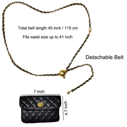 Larswon Chain Belt Bag for Women, Synthetic Leather Belt Purse Chain Purse Mini Goth Fanny Pack Fashion Waist Packs Detachable Small