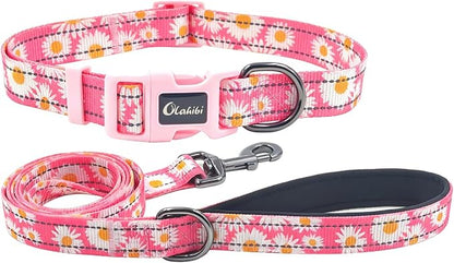 Dog Collar Leash Set, Floral Pattern, with Safety Reflective Strips, 5 ft Matching Leash, Neoprene Padded Handle, Adjustable 4 Sizes for Small Medium Large Dogs.(L, Pink Daisy)