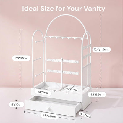 TerraKit White Vanity Jewelry Organizer Stand with Drawer, Earring Holder and Necklace Bracelet Organizer, Metal & Wood Jewelry Display Stand for Earrings, Rings, Bracelets, Dresser & Bedroom