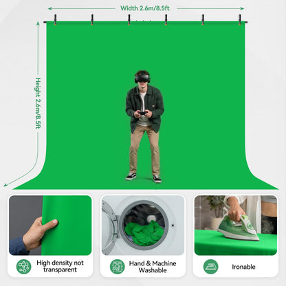 EMART Green Screen Backdrop Kit, 8.5x8.5ft Large Green Screen Backdrop with 8.8x7.5FT Reverse Folding T-Shape Tripod Stand, Spliced Crossbar Plate & 6 Clamps for Studio Shooting, Live Stream