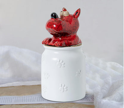 GABROC Dog Cookie Jar with Airtight Sealing Lid Matte White Ceramic Candy Jar with Lid– Cute Cartoon Dog Shape, Red‑Black Glaze Artistry