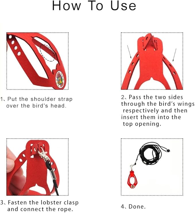 Adjustable Bird Harness & Leash Set for Small Birds,FitsBudgie,Parakeets, Conures, Cockatiels,Green Cheek,Quaker Parrots(Red, S) Z6350-2