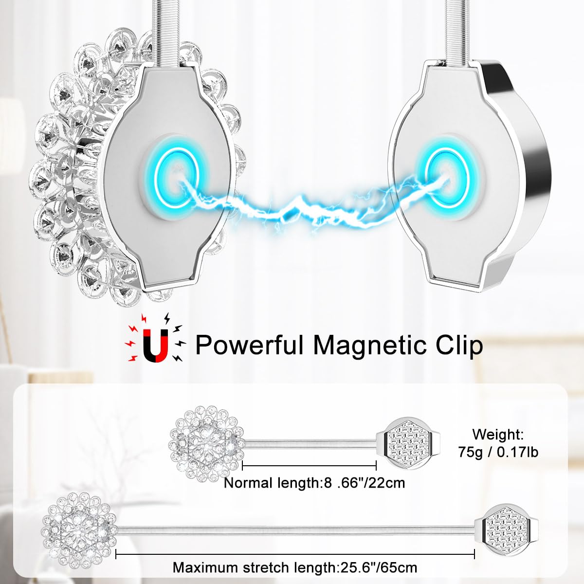 AULEEP Magnetic Curtain Tiebacks, 4 Pack Magnetic Crystal Decorative Drapes Curtain Clips Buckle, Flower Curtain Tie Back, European and American Style (Silver)