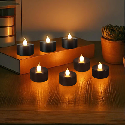 ODTRAM Black Tea Lights Candles Battery Operated: 12-Pack with Remote Control and Auto Timer, Realistic Flickering LED for Wedding, Halloween, Christmas & Home Decor