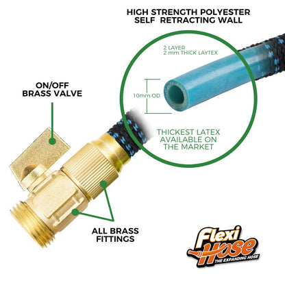 Flexi Hose Expandable Garden Hose with 8 Function Nozzle, 50FT - Lightweight Retractable Garden Hose, Water Hose - No-Kink Flexibility, 3/4 Inch Solid Brass Fittings and Double Latex Core