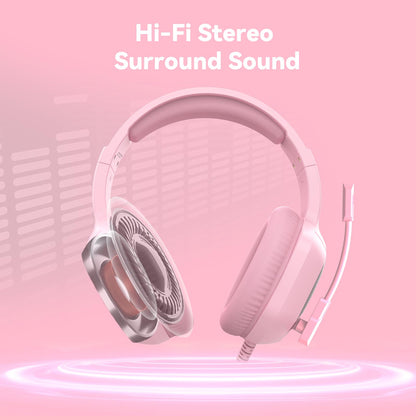 Gaming Headset with Microphone for Pc, Xbox One Series X/s, Ps4, Ps5, Switch, Stereo Wired Noise Cancelling Over-Ear Headphones with Mic, RGB, for Computer, Laptop, Mac, Nintendo (Pink)