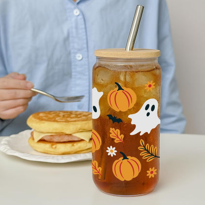 Halloween Ghost Pumpkin Glass Cup with Straws and Lids Gifts for Women,Friends,Happy Halloween Coffee Mug Trick Or Treat Iced Coffee Cup Glass Tumbler 16oz,Spooky Gifts for Boo Basket Stuffers