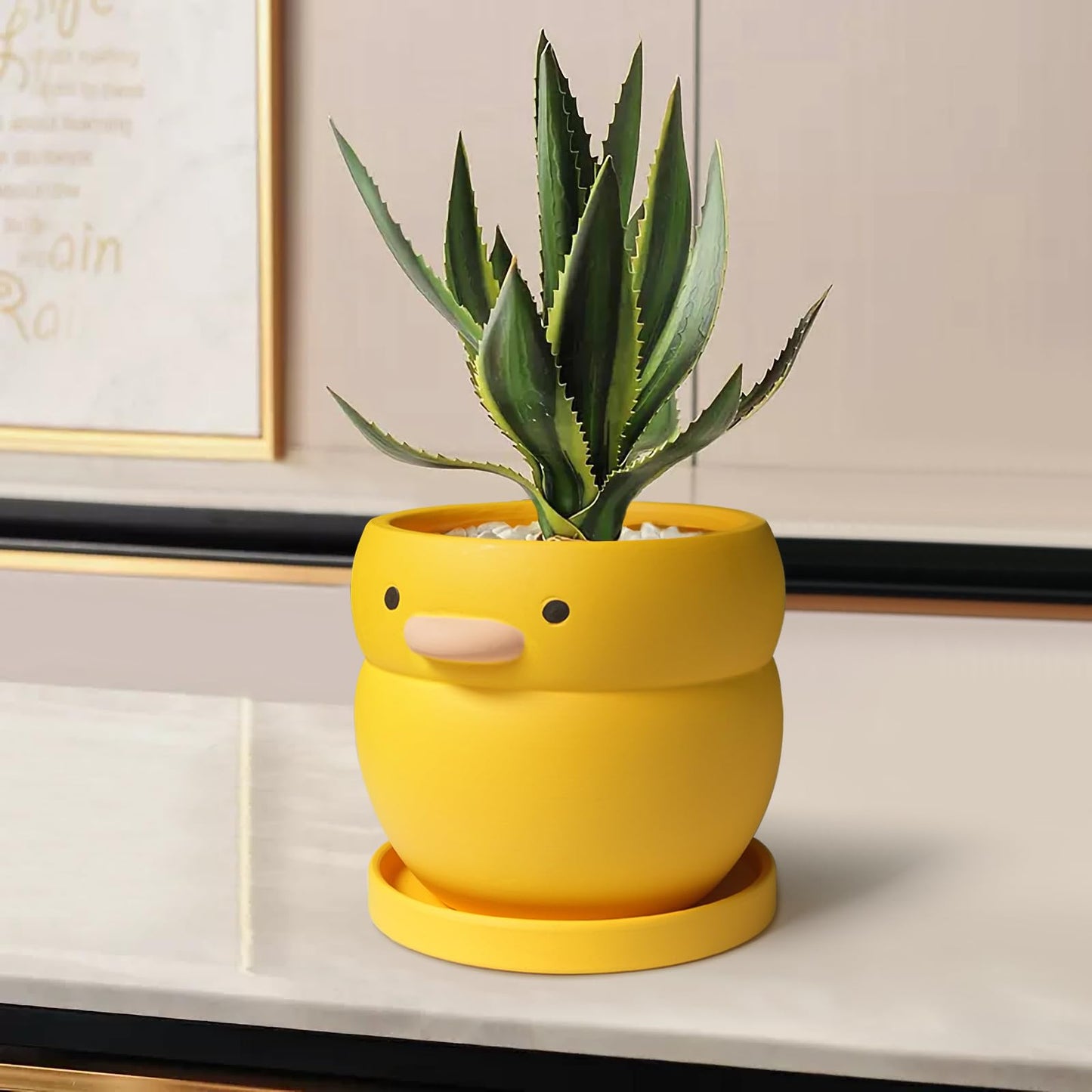 GeLive 4 Inch Yellow Duck Plant Pot Ceramic Planter with Drainage Tray Indoor Plants Succulent Pot Tabletop Organizer Decor Pen Holder Cartoon Statue Unique Gift