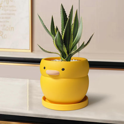 GeLive 4 Inch Yellow Duck Plant Pot Ceramic Planter with Drainage Tray Indoor Plants Succulent Pot Tabletop Organizer Decor Pen Holder Cartoon Statue Unique Gift