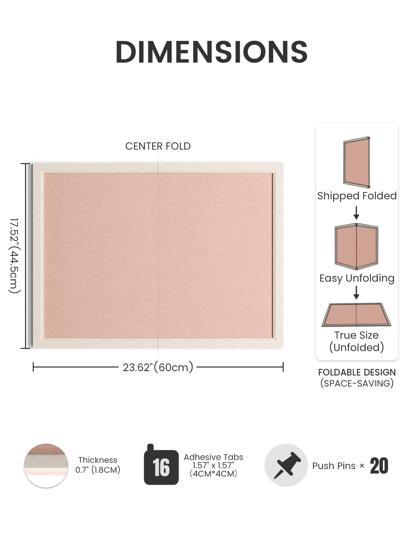Fluxynara Foldable Cork Board Alternative, Felt Bulletin Board 23.6" x 17.5" Oatmeal Frame with 12 Adhesive Tabs, Pin Board for Home Office, Classroom, Entryway, Kitchen Wall Decor—Pink
