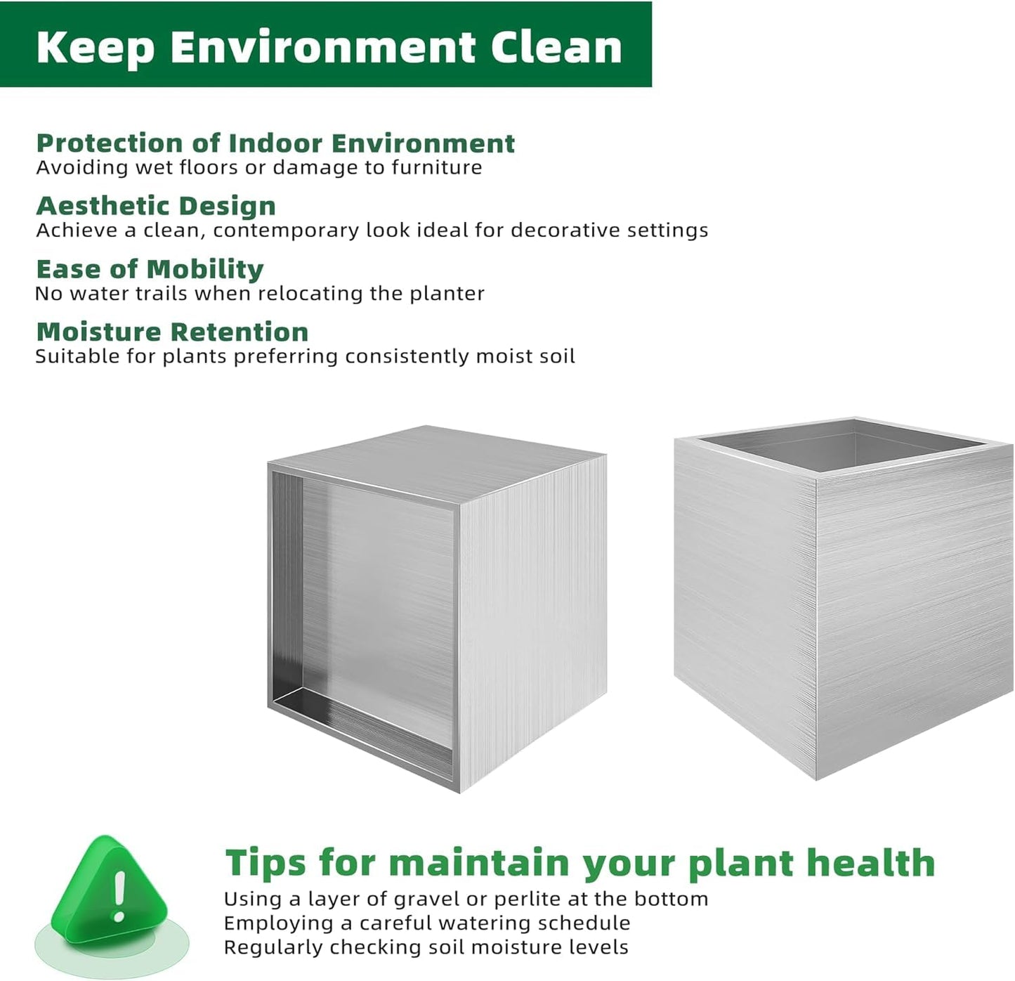 LONGRUNNEW Stainless Steel 30cm Square Planter with Wheels Trolley, Large Plant Pots for Indoor, Outdoor, Business Space, Public Places, Easy to Clean and Move