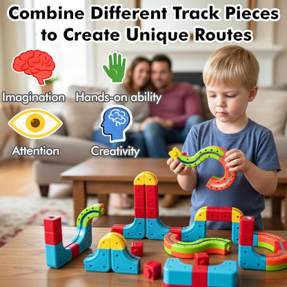 Electric Train Set with 2 Trains, 3D Infinity Train Tracks, DIY Toy Car Track, Modular Building Blocks Freely Assembled, STEM Learning Toy for Kids Toddlers Boys & Girls (Blue & White Trains)