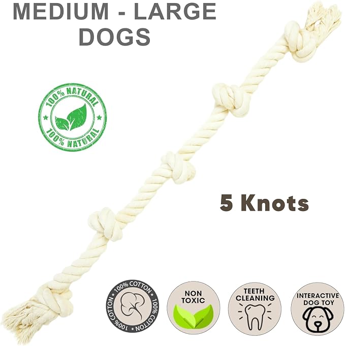 Dog Rope Toys for Large/Medium Aggressive Chewers, Tough Cotton Chew Toy, 39 Inch 5 Knots Indestructible, Tug of War Dog Pull Rope Teeth Cleaning (5 Knots)