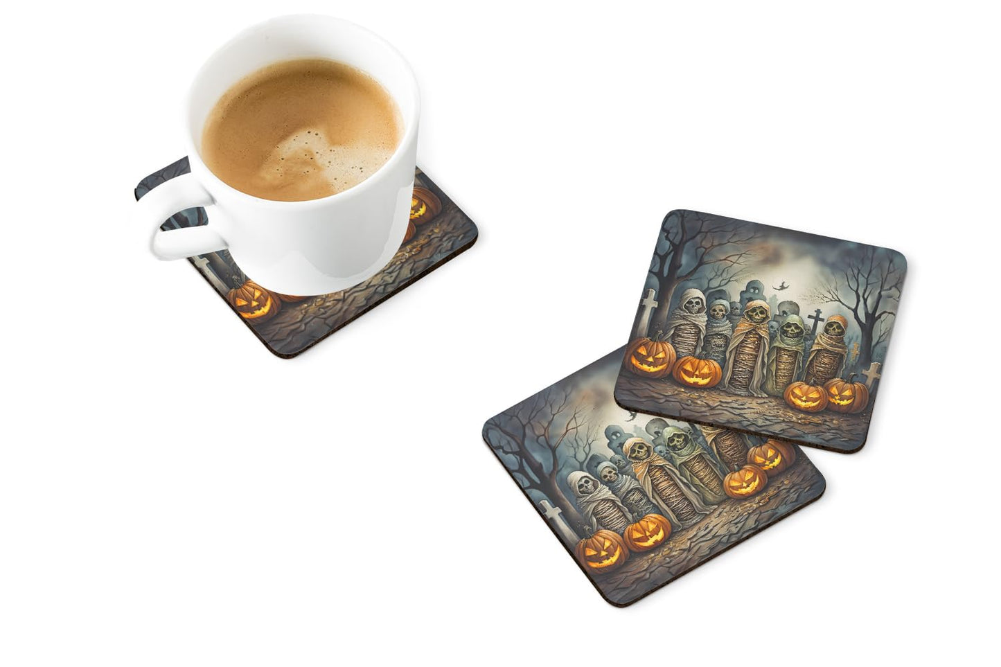 Caroline's Treasures Mummies Spooky Halloween Foam Coaster Set of 4 Cup Coasters for Indoor and Outdoor, Coaster for Tabletop Protection, Anti Slip, Mouse pad Material