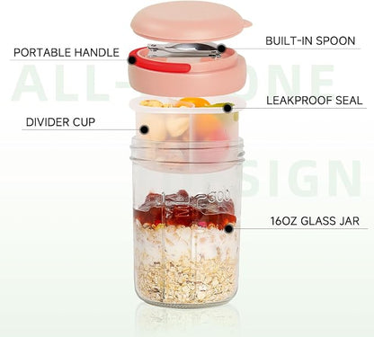 Overnight Oats Containers with Handles & Lids – 16oz Glass Mason Jars with Spoons & Fruit Compartments, Meal Prep Breakfast Jars, 2 Sets (Cream, Pink)