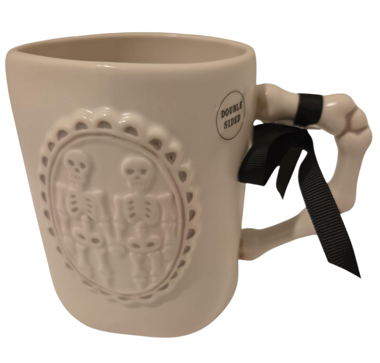 Rae Dunn Till death do us part Halloween Ceramic coffee mug Double sided with skeleton couple on reverse.