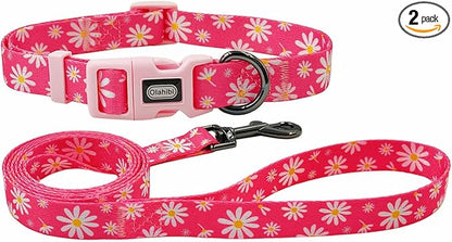 Dog Collar Leash Set, Floral Pattern, Polyester Material, Adjustable Collar and 5ft Matching Leash, for Medium Dogs.(M, Pink Daisy)