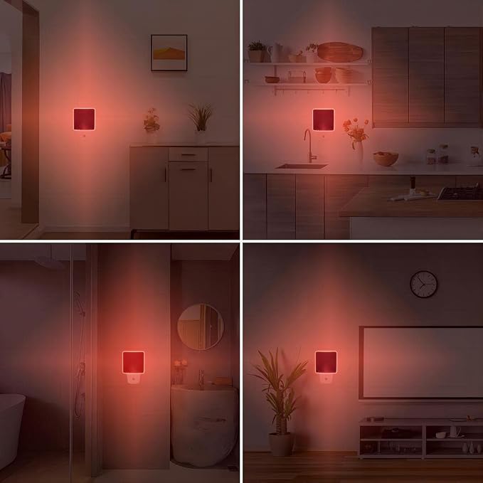 KINUR Red Night Light,2 Pack LED Night Lights Plug into Wall with Dusk to Dawn sensors, Plug in Night Lights for Kids Room, Bedroom, Bathroom, Baby Nursery,Stair Lights, Hallway Light, Daylight