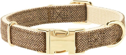 Luxury Soft Cotton Tweed Fabric Dog Collar & Leash Set with Gold Buckle – Durable Fabric, Stylish Design for Everyday Walks(Medium Coffee)