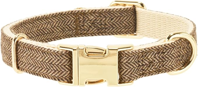Luxury Soft Cotton Tweed Fabric Dog Collar & Leash Set with Gold Buckle – Durable Fabric, Stylish Design for Everyday Walks(Small Coffee)