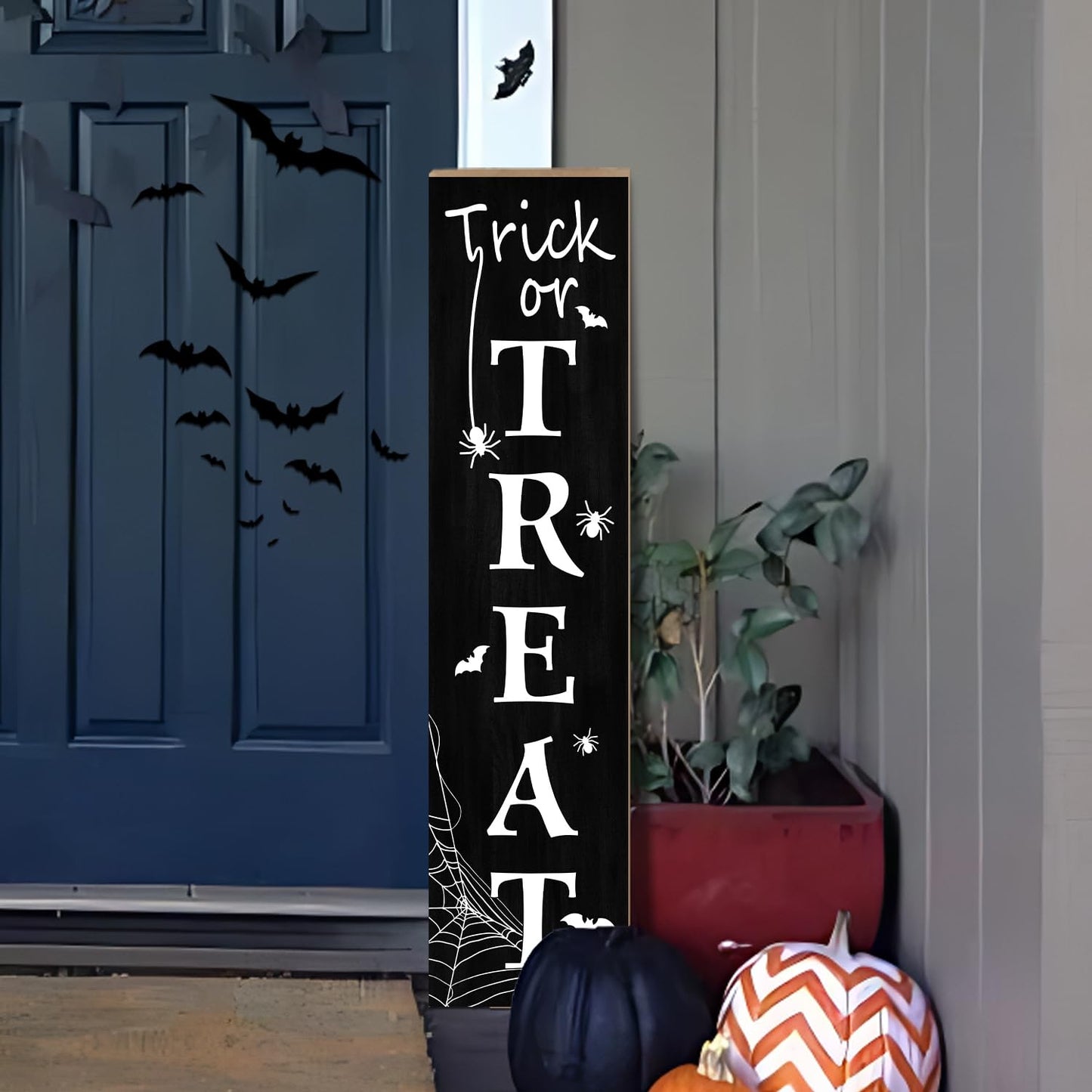 Halloween Porch Sign, Trick or Treat Wooden Welcome Sign with Bats, Spiders and Spider Web Design, Vertical Front Door Sign for Entryway, Farmhouse Halloween Porch Decor, 31.5 Inch