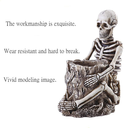 RUITASA Skull Pen Holder & Makeup Brush Holder - White, Desktop Small Skull Design for Halloween Home Office Desk Storage & Decoration