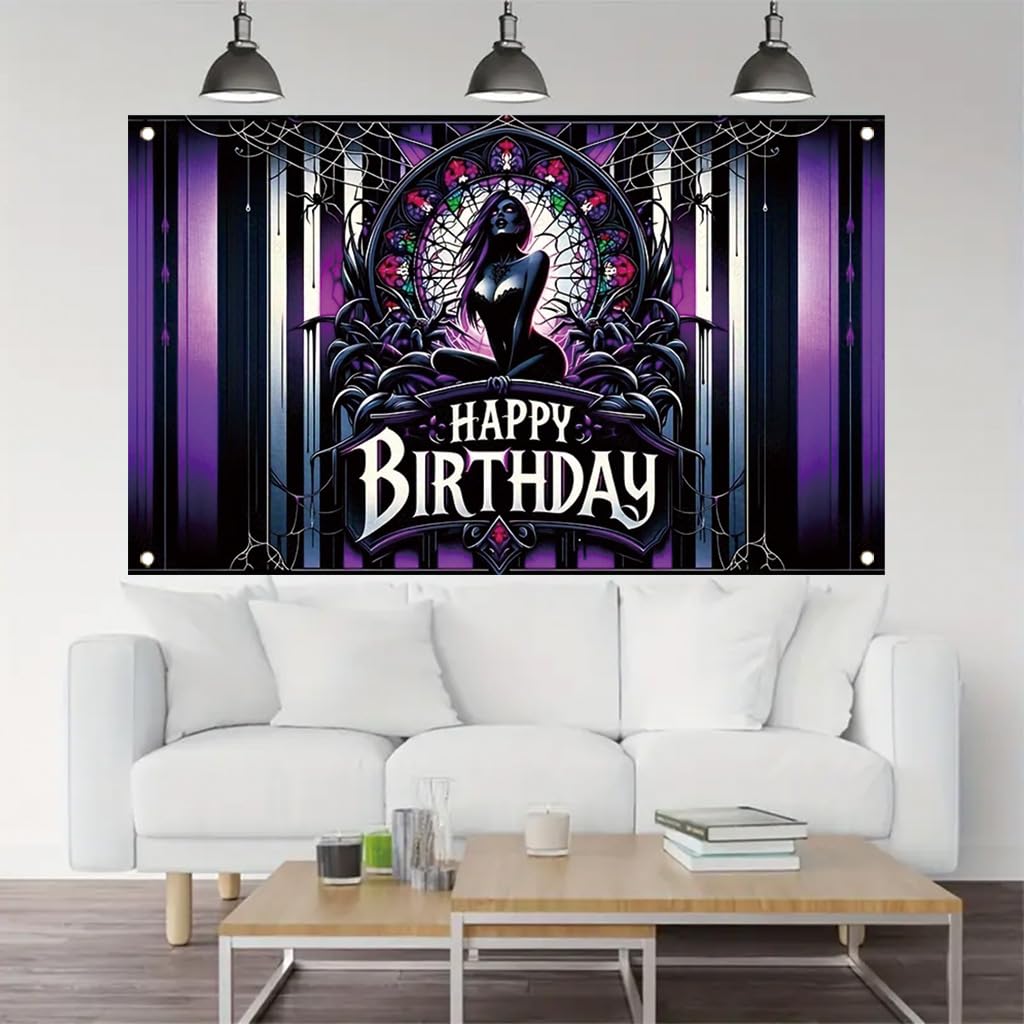 Tomhong Gothic Birthday Banner 71x43 Inch Purple Spider Web Stained Glass Halloween Theme for Gothic Party Decor Wall Hanging