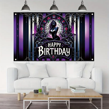 Tomhong Gothic Birthday Banner 71x43 Inch Purple Spider Web Stained Glass Halloween Theme for Gothic Party Decor Wall Hanging
