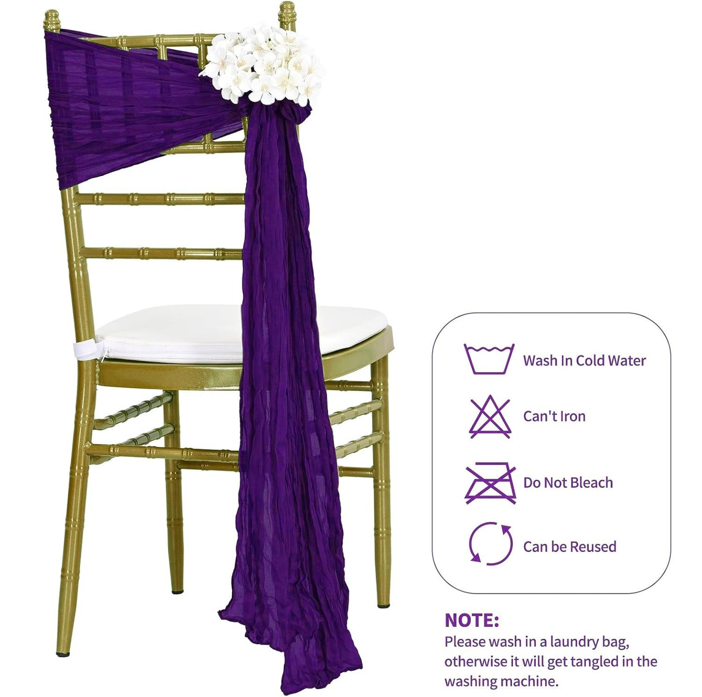 MDS® Pack of 10 PCS Cheesecloth Chair Sashes 17”x70” Gauze Rustic Aisle Decorations Designed Chair Bows for Wedding Birthday Baby Shower Reception Party Banquet Hotel Event Decoration - Purple