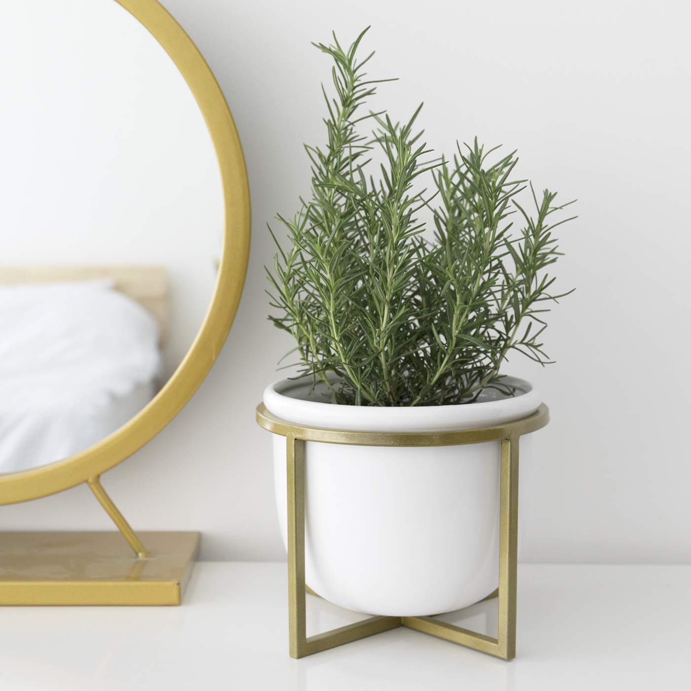 LA JOLIE MUSE Ceramic Flower Plant Pot with Stand - 6.7 Inch White Indoor Planter Pot with Gold Metal Stand for Herbs Orchids Cacti Succulents