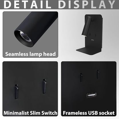 ZEROUNO Plug in Wall Sconce with Switch LED Bedside Lamp Bedroom Wall Mounted Reading Light with USB Port Wall Lighting 3000K（Black）