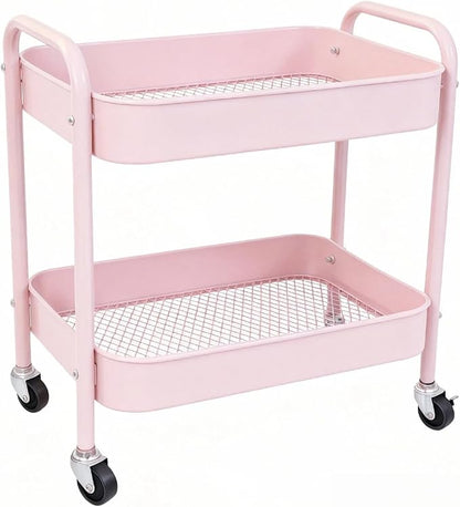 Pink 2 Tier Rolling Cart Metal with Wheels Under Desk Storage Cart for Small Space Organization, Small Trolley for Pantry Room Laundry Bathroom Kitchen Office Art Snack Baby Supplies