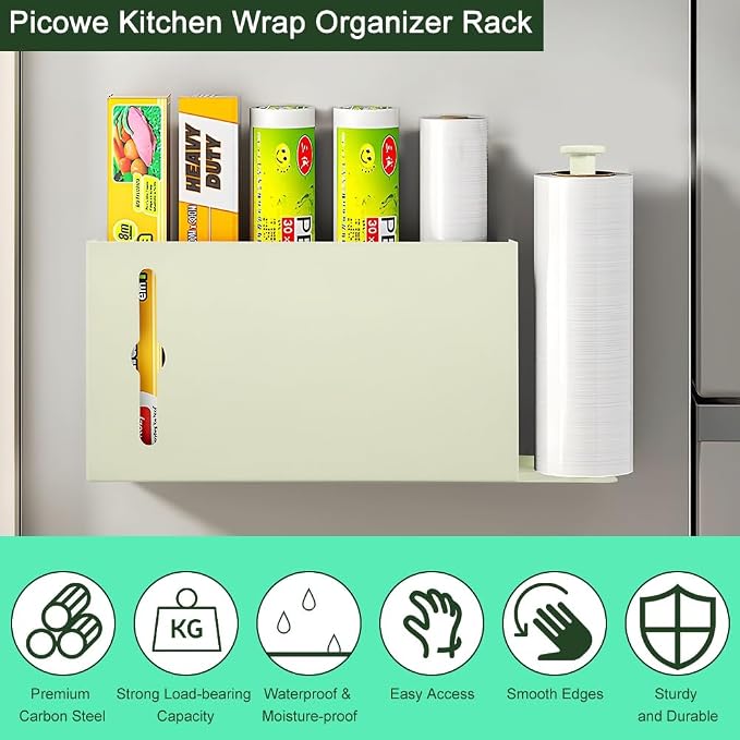 Picowe Large Wall Mount Kitchen Wrap Organizer Rack, Metal Aluminum Foil Organizer, Cabinet Storage Holder for Kitchen, Aluminum Foil, Cling Film, Paper Towel (White)