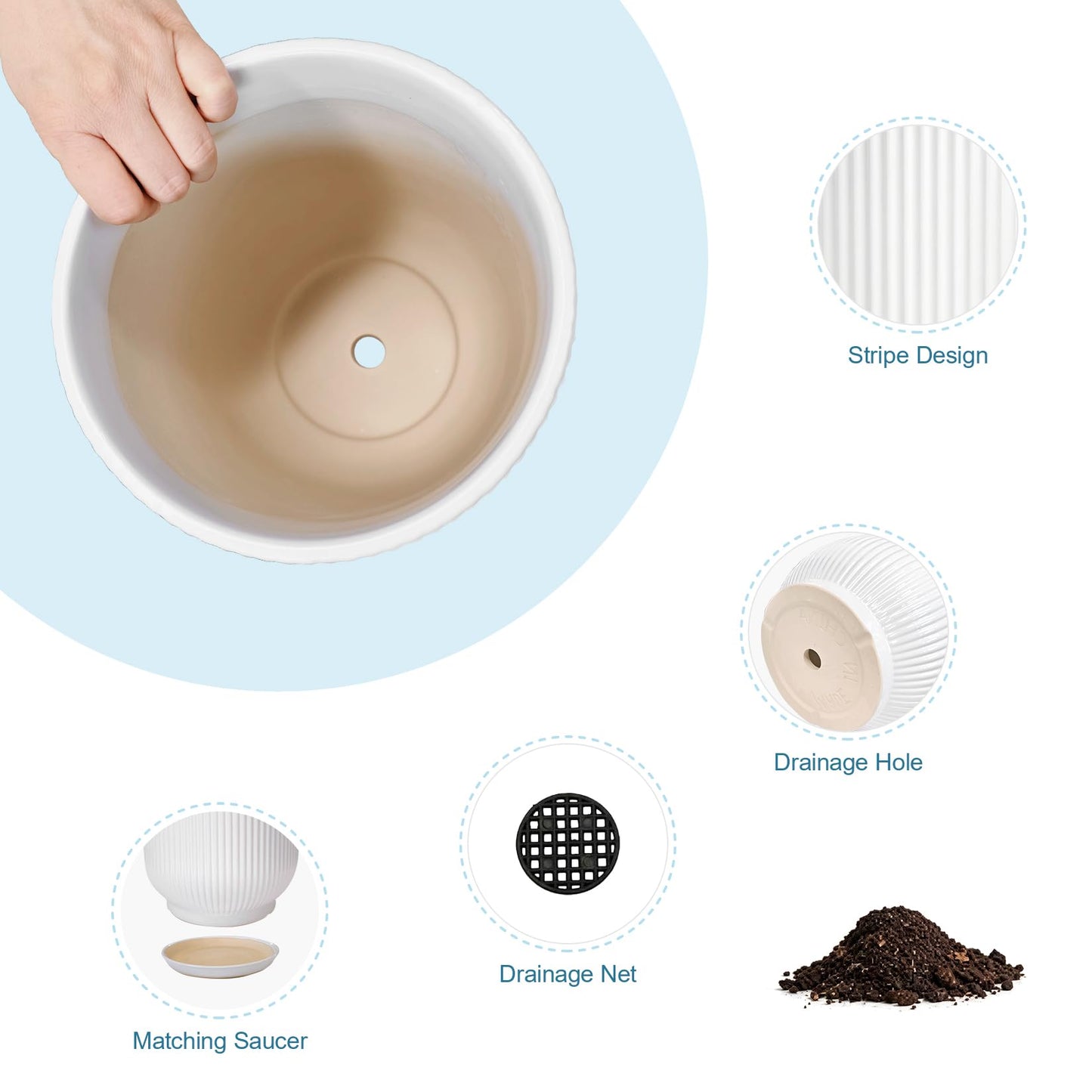 Deep Dream 8 Inch Ceramic Pots for Plants, Heavy Plant Pot for Indoor Outdoor Plants, Large Plant Pot with Drainage Hole and Saucer, Modern Tall Flower Pot, Gifts for Plant Lovers, White
