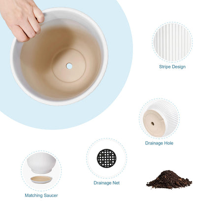 Deep Dream 8 Inch Ceramic Pots for Plants, Heavy Plant Pot for Indoor Outdoor Plants, Large Plant Pot with Drainage Hole and Saucer, Modern Tall Flower Pot, Gifts for Plant Lovers, White