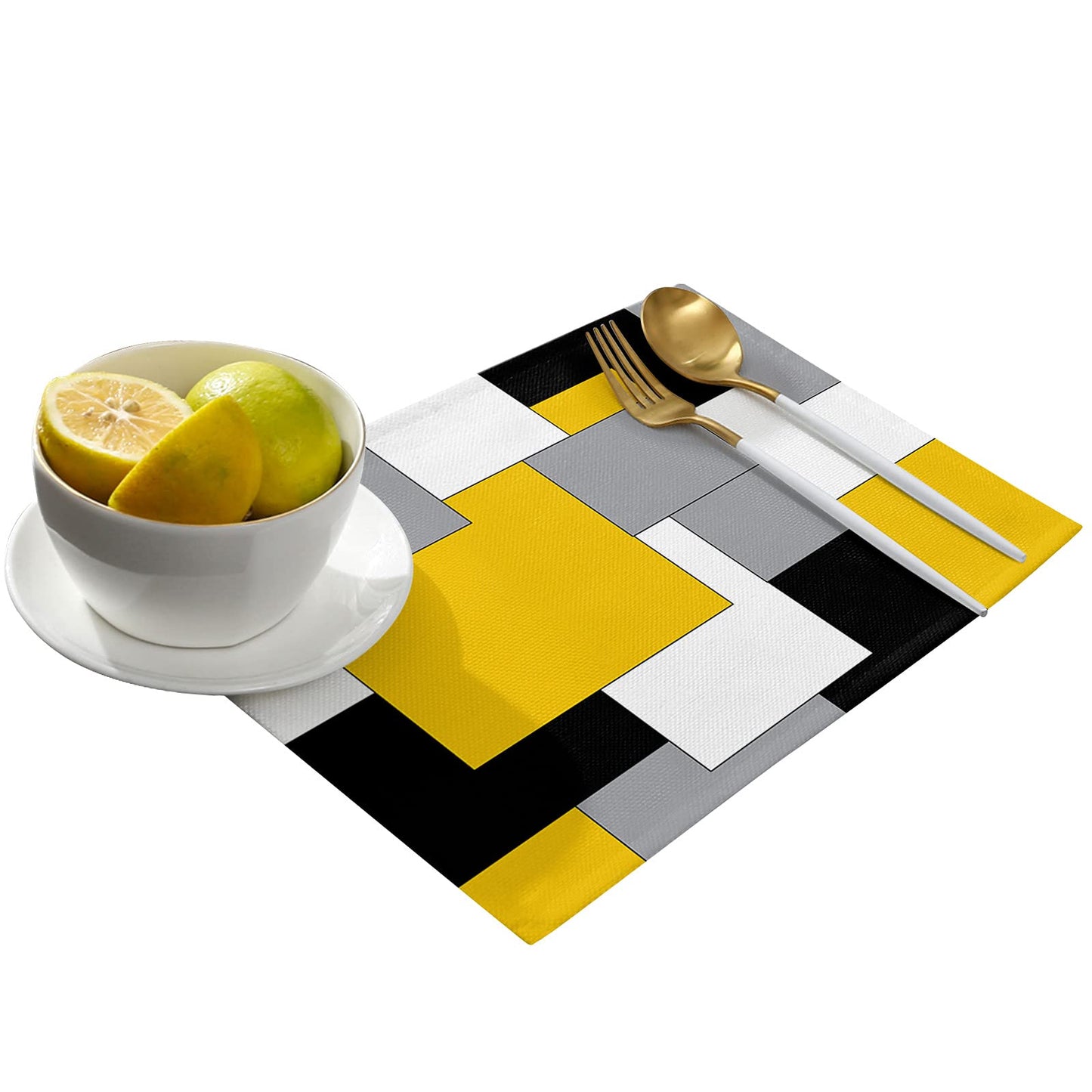 Futuregrace Abstract Art Placemats Set of 6,Non Slip Washable Farmhouse Table Mats Set, Black and Yellow Table Placemats for Kitchen Dining Table,Wedding Holiday Party Decoration