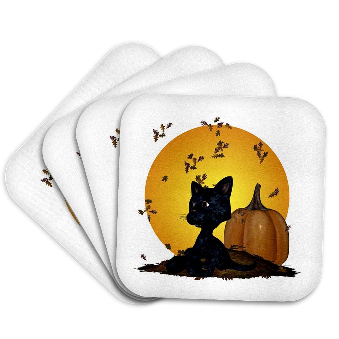 3dRose CST_19396_1 Black Cat with Pumpkins and Halloween Moon Soft Coasters, Set of 4