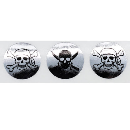 Silver Skull and Crossbones Stickers - 3/4 Inch Round, 100 Metallic Labels Per Roll for Packaging, Crafts, Halloween, and Themed Decorations - Made in the USA