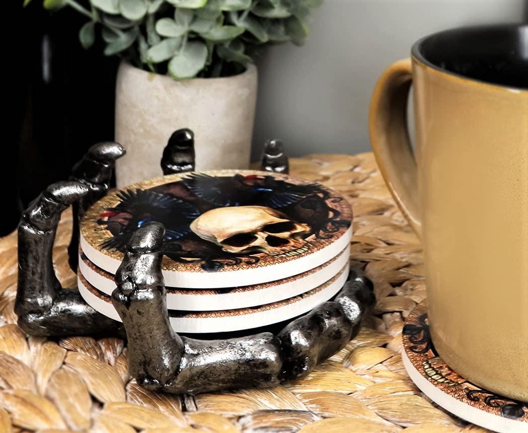 Ebros Gothic Alchemy Clutch of The Dead Skeleton Hand Resin Coaster Figurine Holder with 4 Skull Raven Tile Coasters Set Furniture Protector Ossuary Macabre Halloween Spooky Home Decor Accent