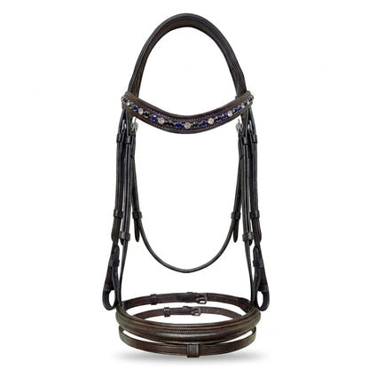 Equine Care Leather English Horse Bridle with Reins, Full Size Havana Brown, Raised Fancy-Stitched Hunter Show Bridle with Blue & Clear Crystal Browband, Padded Crownpiece, Stainless Steel Hardware.